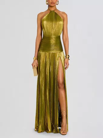 Party Dress Maxi Gold Sleeveless Backless Elegant Semi Formal Ball Gown