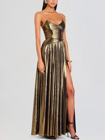 Robe de soirée longue dorée sans manches et dos nu sexy et semi-formelle