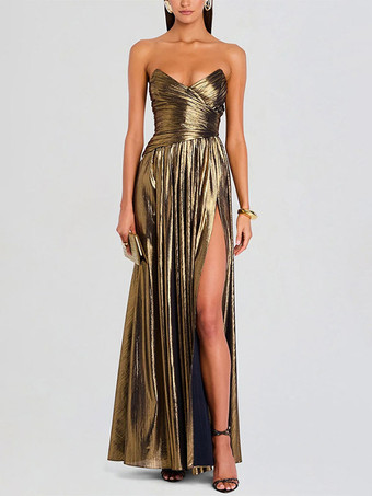 or Robe de soirée longue dorée sans manches et dos nu sexy et semi-formelle