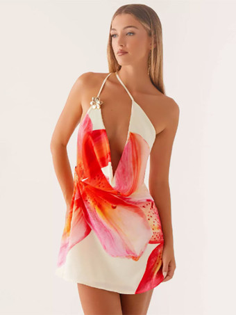 オレンジミディ丈ドレス 花柄 レースアップ バックレス シフォン シック 装飾付き襟 ノースリーブドレス