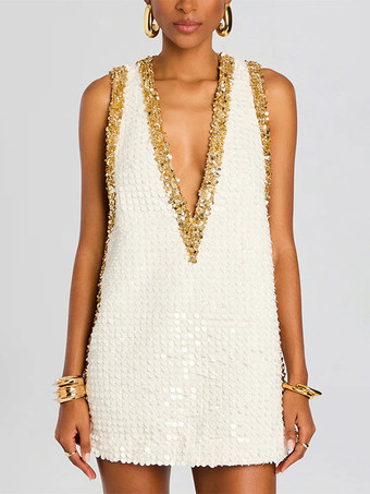 Robe de soirée mini dorée à sequins col en V sans manches sexy et semi-formelle