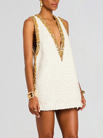 Robe de soirée mini dorée à sequins col en V sans manches sexy et semi-formelle