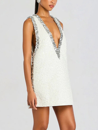 argent Robe de soirée mini dorée à sequins col en V sans manches sexy et semi-formelle