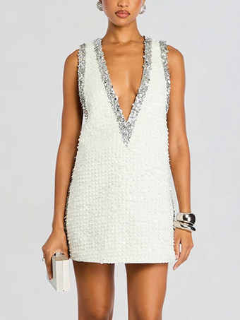 Robe de soirée mini dorée à sequins col en V sans manches sexy et semi-formelle