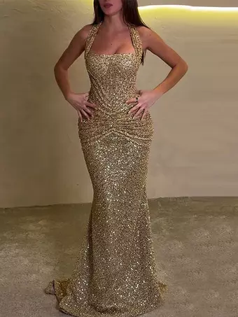 gold split dress High Split Tulle V-neck Evening Dresses Sequin Beaded main image 0