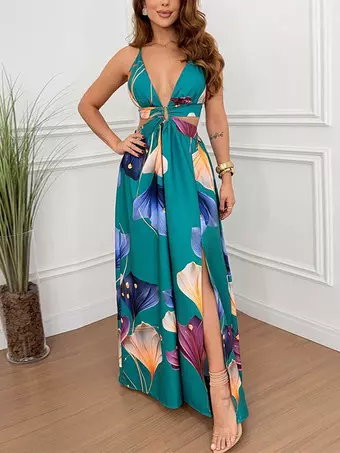 Vacation Dresses Maxi Cut Out Sleeveless V-Neck Sexy Cyan Blue Bohemian  Dress - Milanoo.com