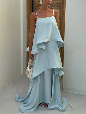 bleu ciel clairRobe longue sans manches à bretelles décolleté sexy style bohème jaune pour une soirée en amoureux