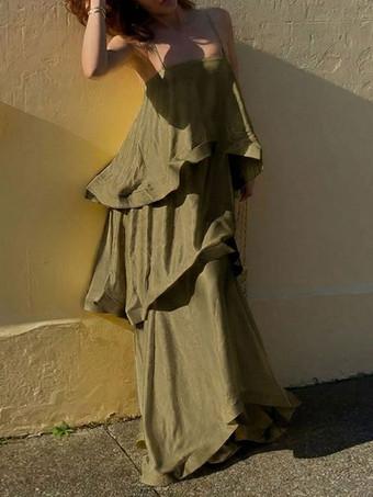 marron foncéRobe longue sans manches à bretelles décolleté sexy style bohème jaune pour une soirée en amoureux