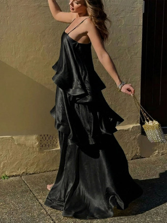 noir Robe longue sans manches à bretelles décolleté sexy style bohème jaune pour une soirée en amoureux