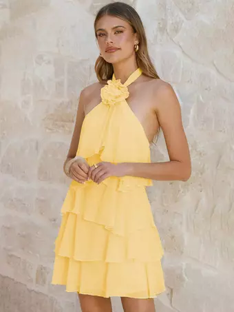 Street Style Statement Yellow Ruffle Halter Dress Perfect For Casual  Outings - Milanoo.com