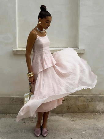 Ensemble deux pièces rose chic quotidien en velours à bretelles sans manches dos nu haut et jupe d'été.