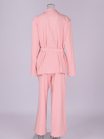 Ensemble deux pièces : pantalon rose chic à ceinture haut en coton à manches longues et col rabattu.