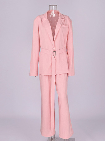 Ensemble deux pièces : pantalon rose chic à ceinture haut en coton à manches longues et col rabattu.