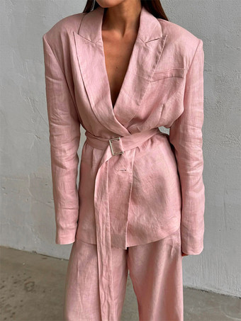 Ensemble deux pièces : pantalon rose chic à ceinture haut en coton à manches longues et col rabattu.
