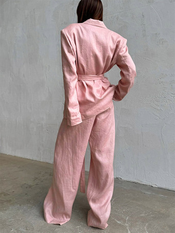 Ensemble deux pièces : pantalon rose chic à ceinture haut en coton à manches longues et col rabattu.