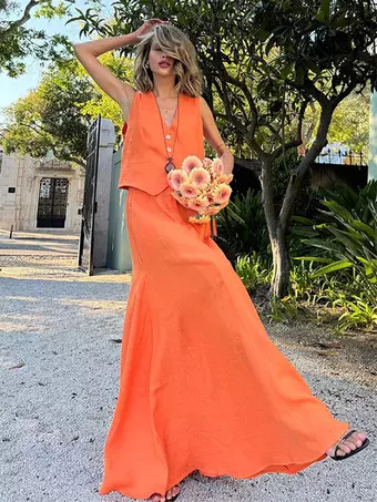 orange dress set Two Piece Sets Skirt Set Orange Retro Buttons Resort Wear Linen V-Neck Sleeveless Sets