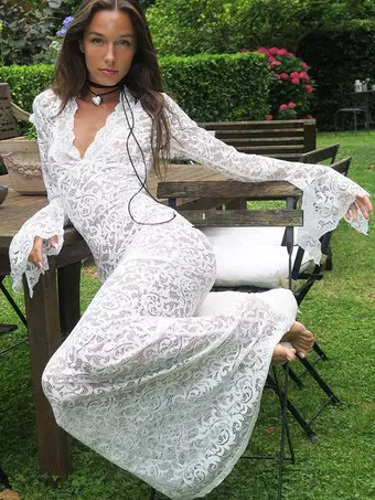 Party Dress Maxi White V-Neck Lace Long Sleeves Sheer Sexy Semi Formal Dress