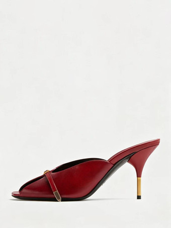 レッド シルバーのハイヒールサンダル、牛革製、オープントゥ、バックルディテール、バックレスサンダル