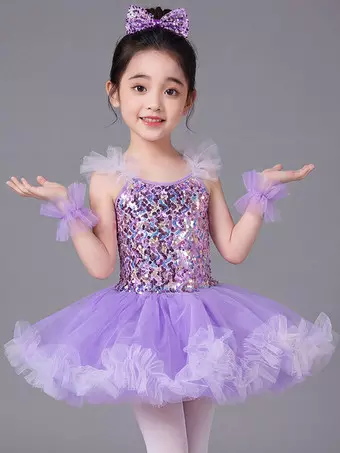 紫色 スパンコール装飾 ダンスドレス バレエダンス衣装 紫色 女の子用 子供用 バレリーナ スパンコール