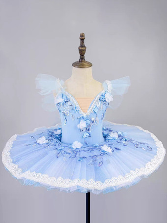 バレエダンス衣装 ライトスカイブルー 女の子用 子供用 バレリーナ 刺繍入り ポリエステル ダンスウェア