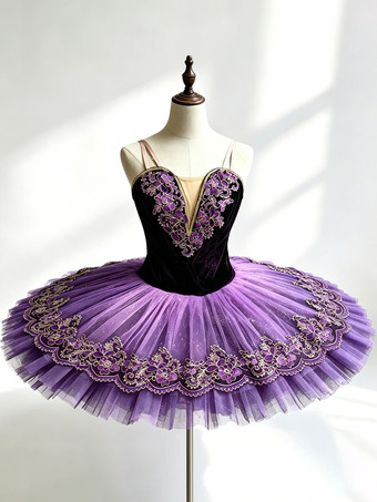 バレエダンス衣装 パープル 女の子用 子供用 バレリーナ 刺繍入り ポリエステル ダンスウェア