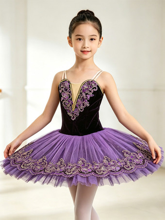 バレエダンス衣装 パープル 女の子用 子供用 バレリーナ 刺繍入り ポリエステル ダンスウェア