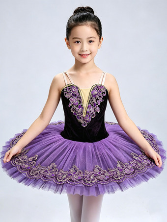 パープル バレエダンス衣装 パープル 女の子用 子供用 バレリーナ 刺繍入り ポリエステル ダンスウェア