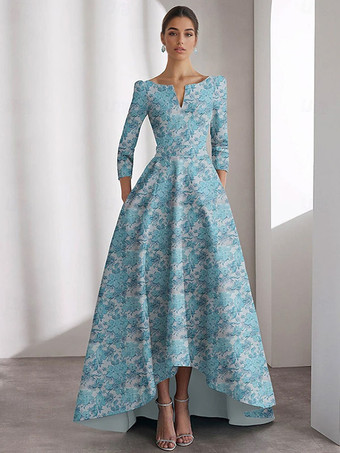 ブルー花嫁の母のためのパーティードレス、デザインされたネックライン、3/4丈の袖、Aライン、花柄、ティーレングスのゲストドレス、結婚式用