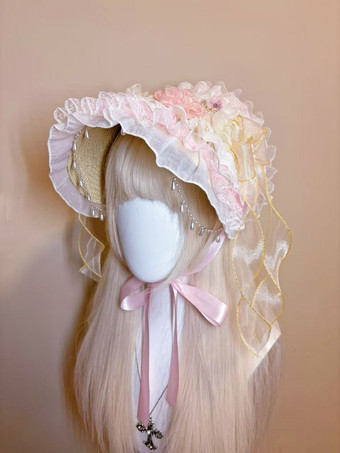 ロリータボンネットヘッドドレスアクセサリー ライトピンクの花柄ヘアバンドハット