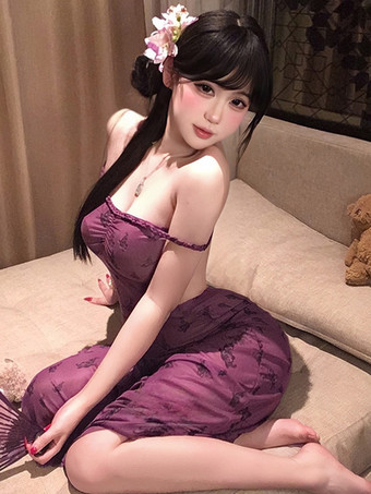 ロングナイトガウン パープル 花柄メッシュ ハイ スリット マキシドレス ランジェリー シースルー バックレス ガウン