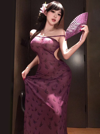 パープル ロングナイトガウン パープル 花柄メッシュ ハイ スリット マキシドレス ランジェリー シースルー バックレス ガウン