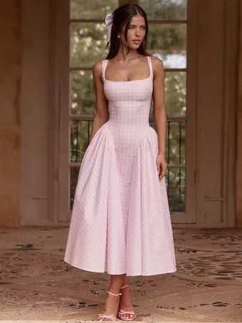 Party Dress Dresses Midi Pink Straps Neck Pleated Plaid Classic Semi Formal Summer Dress - Milanoo.com Party Dress Dresses Midi Pink Straps Neck Pleated Plaid Classic Semi Formal Summer Dress - Milanoo.com