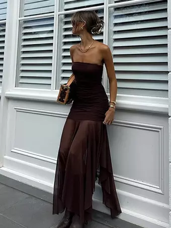 Party Dress Dresses Maxi Coffee Brown Strapless Pleated Sexy Semi Formal  Summer Dress