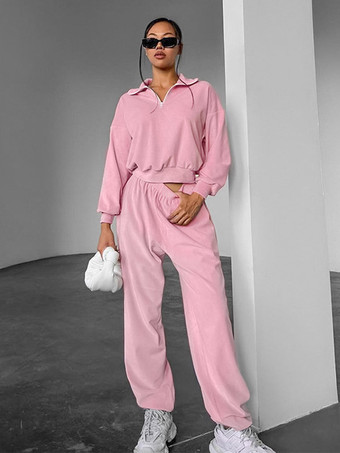 RoseEnsemble deux pièces rose décontracté style streetwear col rabattu manches longues et pantalon