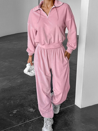 Ensemble deux pièces rose décontracté style streetwear col rabattu manches longues et pantalon