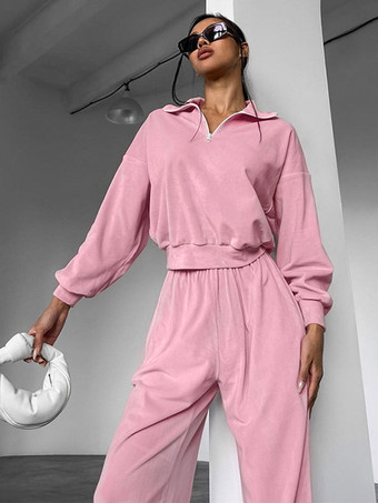 Ensemble deux pièces rose décontracté style streetwear col rabattu manches longues et pantalon