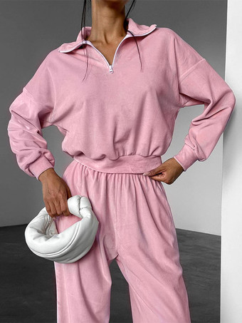 Ensemble deux pièces rose décontracté style streetwear col rabattu manches longues et pantalon