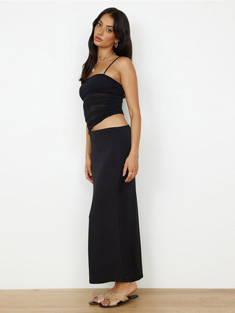 ツーピースセット ブラック ストリートウェア カジュアル ストラップネック プリーツ ノースリーブ トップス＆スカートセット