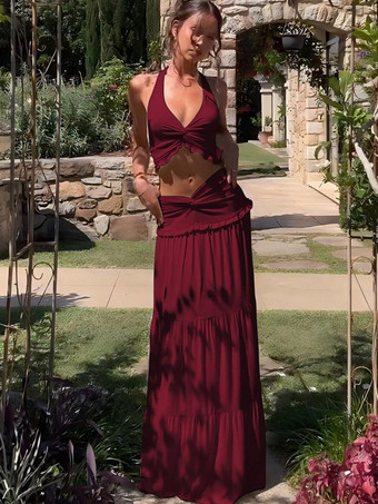 Bordeaux Ensemble deux pièces rouge chic streetwear : jupe plissée sans manches dos nu à bretelles