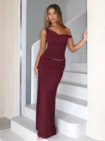 Two Piece Sets Burgundy Chic Dating V-Neck Backless Sleeveless Skirt Set -  Milanoo.com