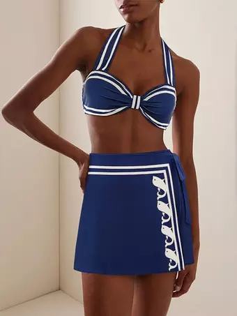 Swimsuits Cover-Ups Blue Sexy Lace Up Backless Two-Tone Swimsuit Set