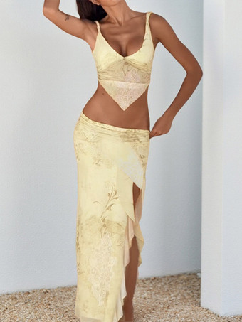 Completo due pezzi giallo sexy streetwear con top senza maniche con scollo a V e gonna