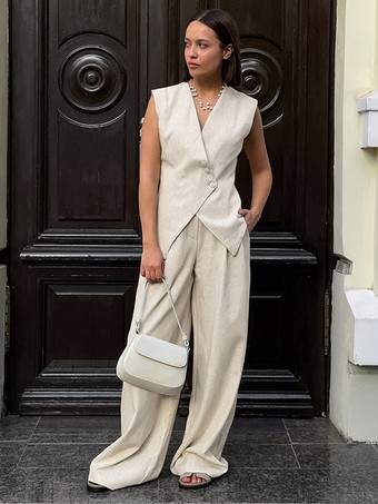 kaki Ensemble deux pièces kaki chic décontracté au quotidien : haut sans manches en lin à col V et pantalon.