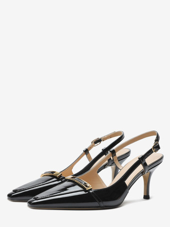 Black Kitten Heel Pumps Pointed Toe Buckle Detail Slingback Shoes