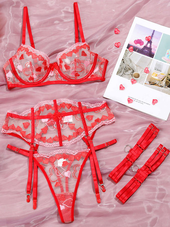 3-Piece Lingerie Sets Red Heart Embroidery Bra Panty Sets