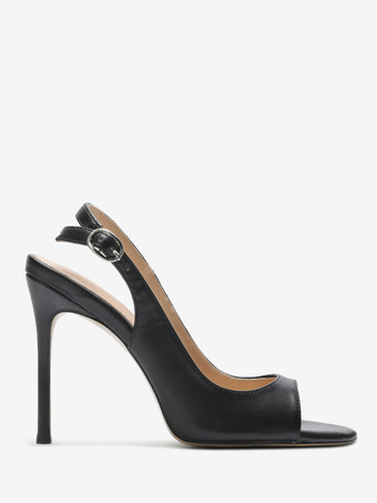 黒のハイヒールサンダル、オープントゥ、スティレットヒールのドレスサンダルシューズ