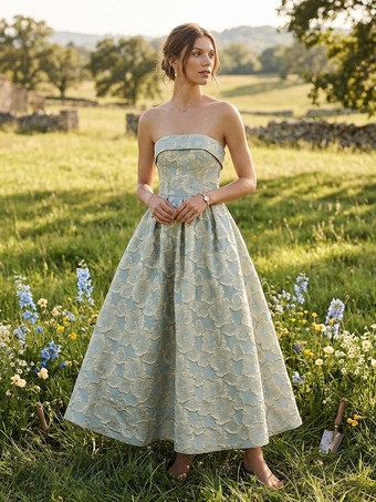 Bleu Ciel ClairRobe de soirée trapèze bustier jacquard longueur cheville