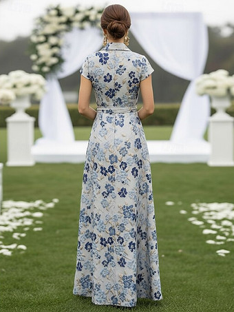 マザーズドレス、デザインネックライン、半袖、Aライン、サッシュ付き、結婚式ゲストドレス