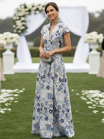 ブルーマザーズドレス、デザインネックライン、半袖、Aライン、サッシュ付き、結婚式ゲストドレス
