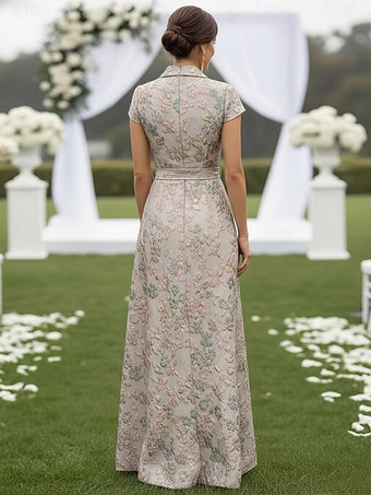 マザーズドレス、デザインネックライン、半袖、Aライン、サッシュ付き、結婚式ゲストドレス